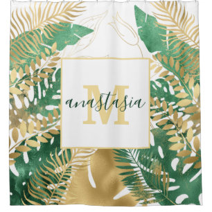 Modern Gold Green Tropical Leaves Monogram Shower Curtain