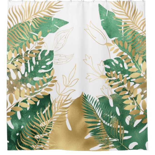 Modern Gold Green Tropical Leaves  Shower Curtain (Front)