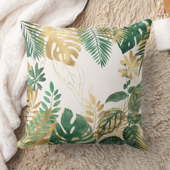 Modern Gold Green Tropical Leaves  Throw Pillow (Blanket)