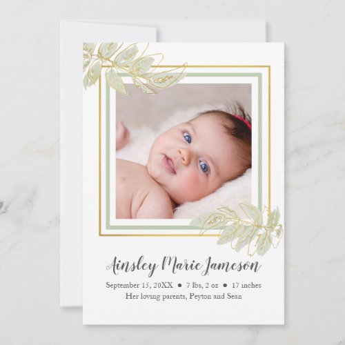 Modern Gold Green White Botanical Baby Girl Birth Announcement