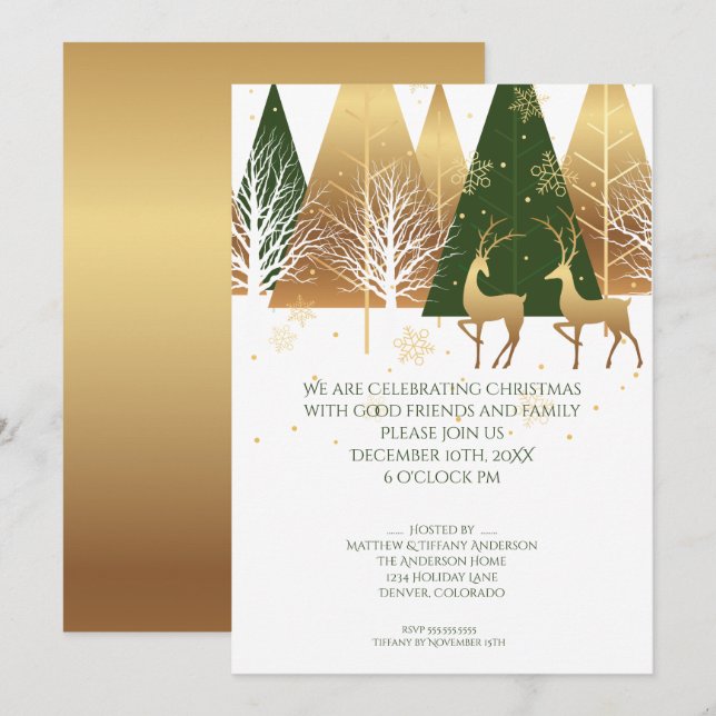 Modern Gold Green Woodland Deer Invitation (Front/Back)
