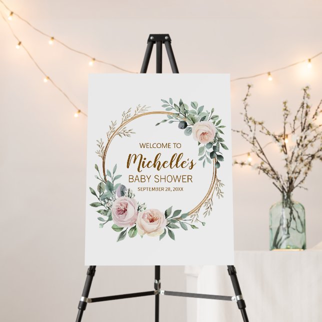 Modern Gold Greenery girl baby shower welcome sign (In Situ (Stand))