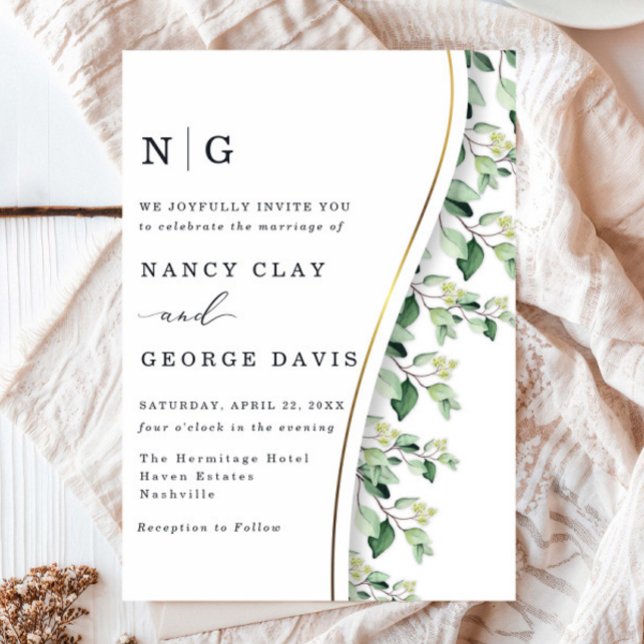 Modern Gold Greenery Leaves Monogram Wedding Invitation (Creator Uploaded)