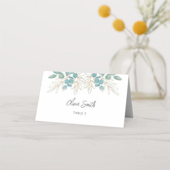 Modern Gold Greenery Wedding Place Card (Front)