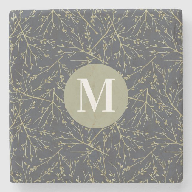 Modern Gold Greenish Yellow Fall White Monogram Stone Coaster (Front)