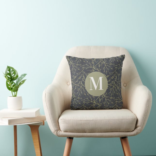 Modern Gold Greenish Yellow Fall White Monogram Throw Pillow (Chair)