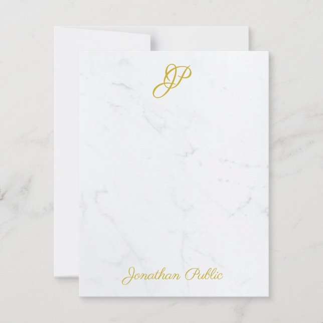 Modern Gold Hand Script Monogram Elegant Marble Note Card (Front)