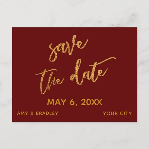 Modern Gold Handwriting Burgundy Save the Date Announcement Postcard