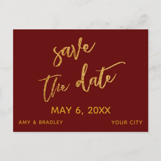 Modern Gold Handwriting Burgundy Save the Date Announcement Postcard (Front)