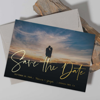 Modern Gold Handwriting Photo Save The Date Foil Invitation by beckynimoy at Zazzle