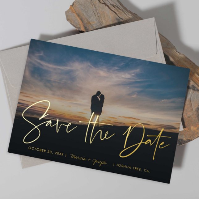 Modern Gold Handwriting Photo Save the Date Foil Invitation (Creator Uploaded)