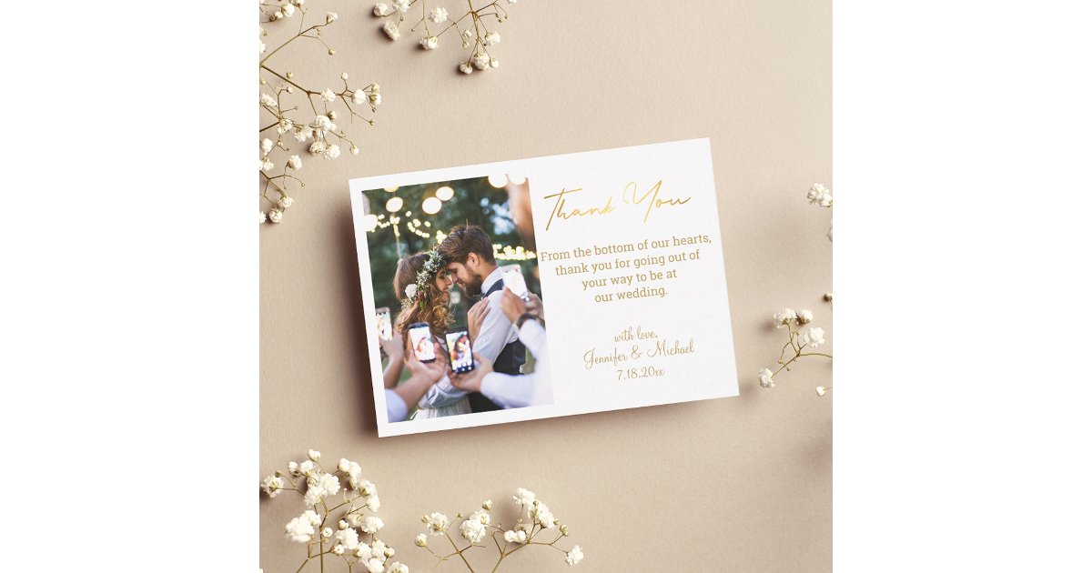 modern gold handwriting wedding photo thank you note card | Zazzle