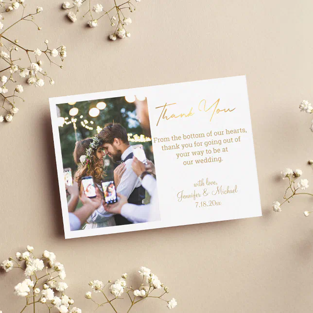 modern gold handwriting wedding photo thank you note card | Zazzle