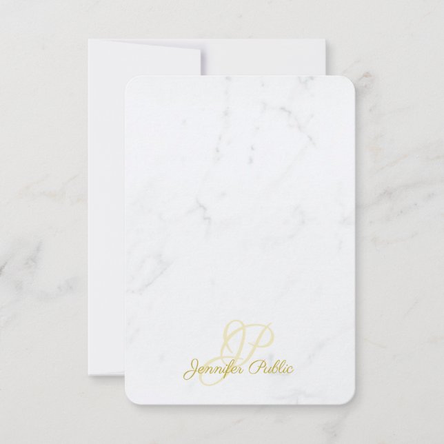 Modern Gold Handwritten Script Name Elegant Marble Note Card (Front)