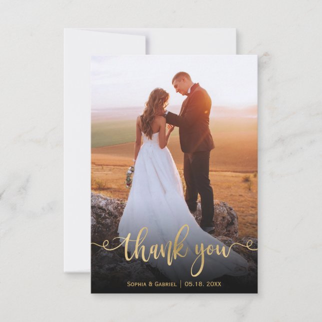 Modern Gold Handwritten Script Photo Wedding  Thank You Card (Front)