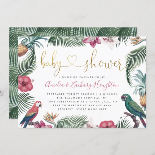 Modern Gold Handwritten Script Tropics Baby Shower Invitation