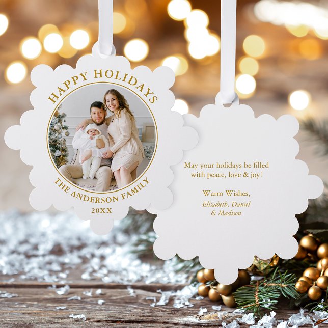 Modern Gold Happy Holidays Photo Ornament Card (A greeting card that is also an ornament! Customize with your photo and personalized text.)
