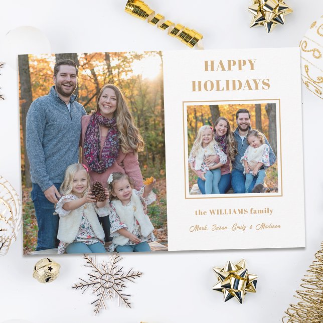 Modern Gold Happy Holidays Two-Photo Holiday Card (Creator Uploaded)