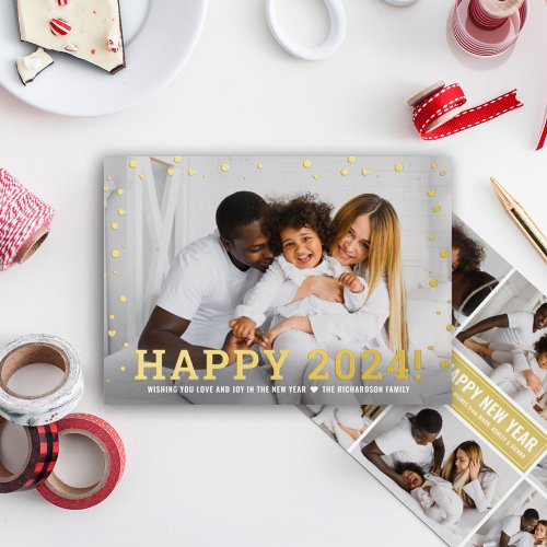 Modern Gold Happy New Year 2024 Photo Collage Foil Holiday Card