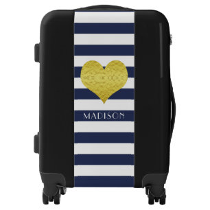 Modern Gold Heart Blue Stripes Name Luggage