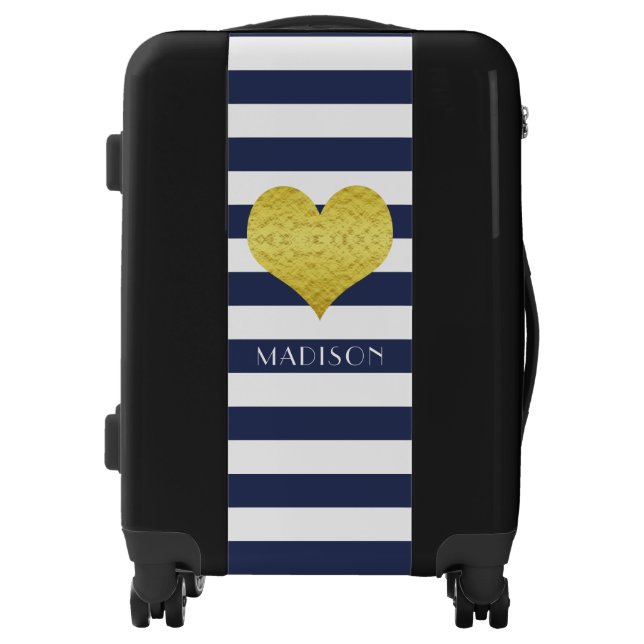 Modern Gold Heart Blue Stripes Name Luggage (Front)