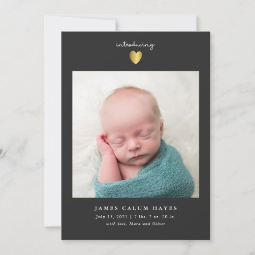 Modern Gold Heart Boy Photo Birth Announcement