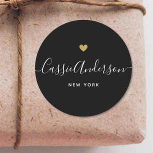 Modern Gold Heart Calligraphy Brand Name Black Classic Round Sticker