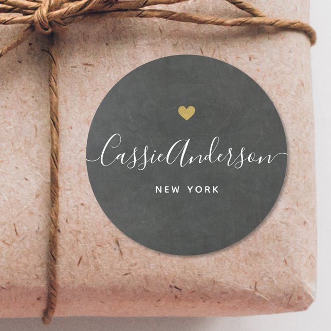 Modern Gold Heart Calligraphy Brand Name Gray Classic Round Sticker (Creator Uploaded)