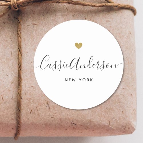Modern Gold Heart Calligraphy Brand Name White Classic Round Sticker