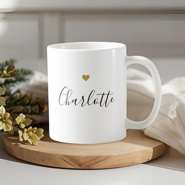 Modern Gold Heart Calligraphy Name Coffee Mug (Creator Uploaded)