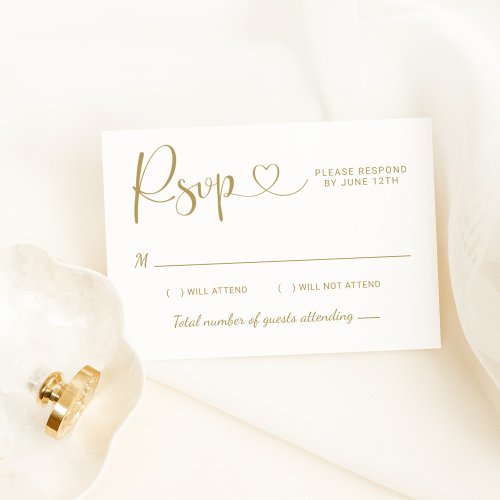 Modern Gold Heart Calligraphy Script Wedding RSVP Card