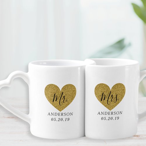 Modern Gold Heart Mr and Mrs Newlyweds Wedding Coffee Mug Set