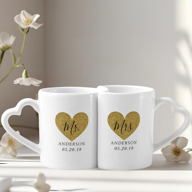 Modern Gold Heart Mr. and Mrs. Wedding Gift Coffee Mug Set (Creator Uploaded)