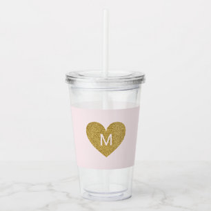 Modern Gold Heart Personalized Monogram Pink Acrylic Tumbler