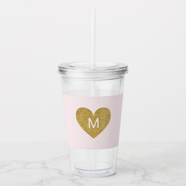 Modern Gold Heart Personalized Monogram Pink Acrylic Tumbler (Front)