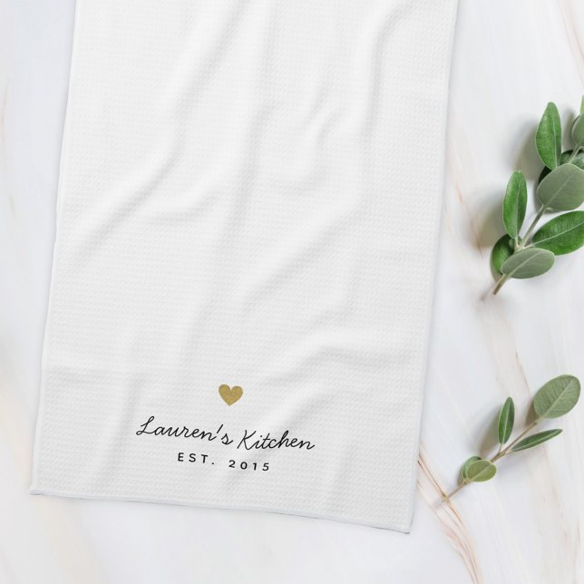 Modern Gold Heart Personalized Name Kitchen Towel (Creator Uploaded)