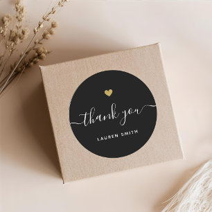 Modern Gold Heart Personalized Thank You Black Classic Round Sticker