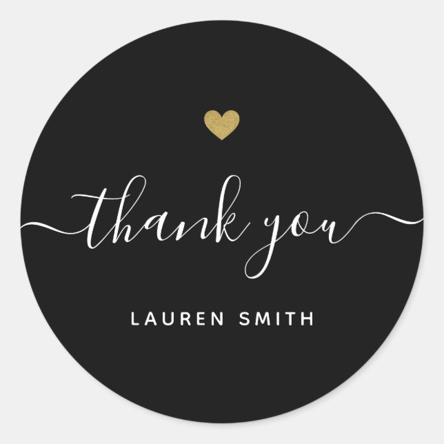 Modern Gold Heart Personalized Thank You Black Classic Round Sticker (Front)