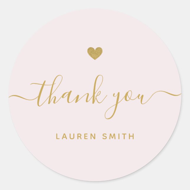 Modern Gold Heart Personalized Thank You Pink Classic Round Sticker (Front)