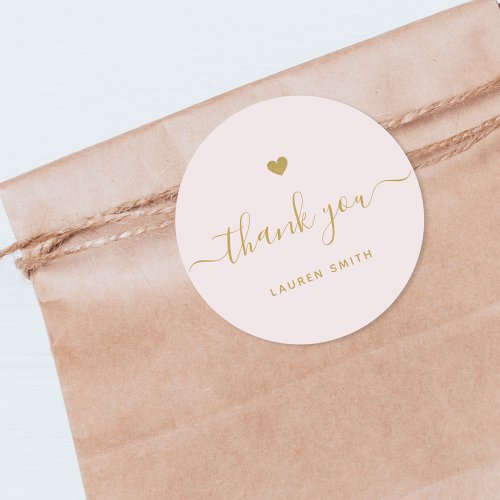 Modern Gold Heart Personalized Thank You Pink Classic Round Sticker