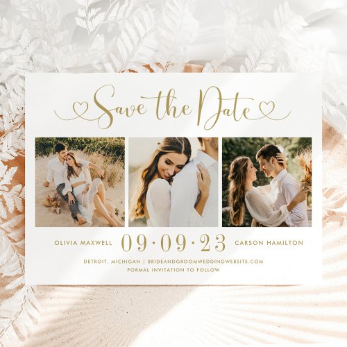 Modern Gold Heart Script 3 Photo Wedding Collage Save The Date
