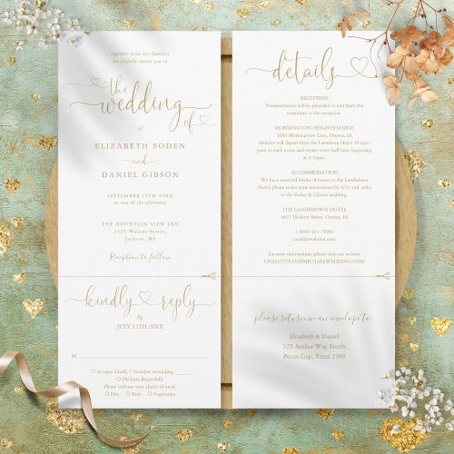 Modern Gold Heart Script All In One Wedding Invitation