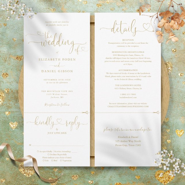 Modern Gold Heart Script All In One Wedding Invitation (Modern Gold Heart Script All In One Wedding Invitation)