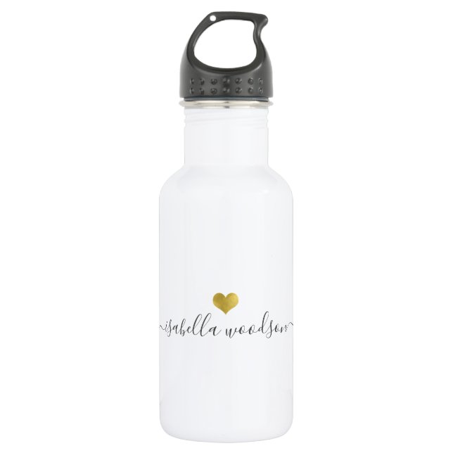 Modern Gold Heart Script Name  Stainless Steel Water Bottle (Front)
