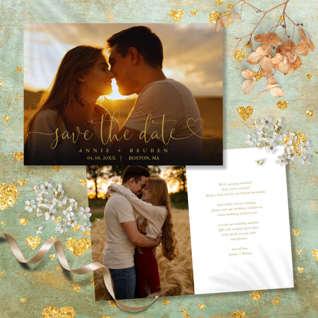 Modern Gold Heart Script Photo Wedding Save The Date | Zazzle