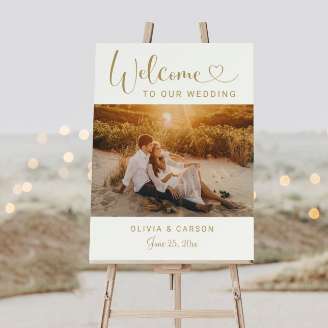 Modern Gold Heart Script Photo Wedding Welcome Foam Board (Creator Uploaded)
