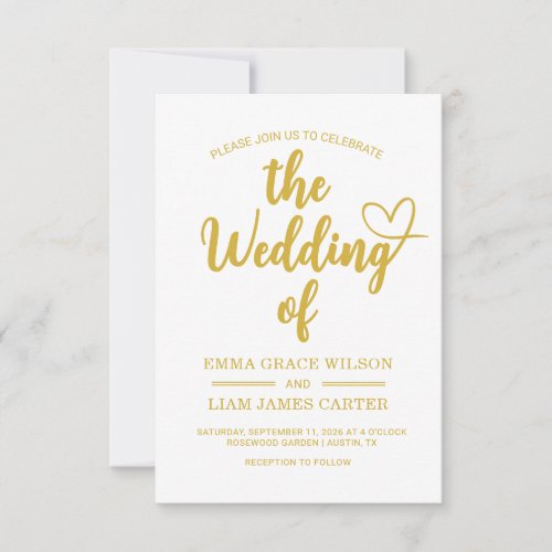 Modern Gold Heart Script Wedding Invitation
