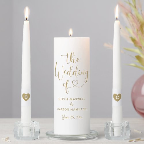 Modern Gold Heart Script Wedding Monogram Unity Candle Set