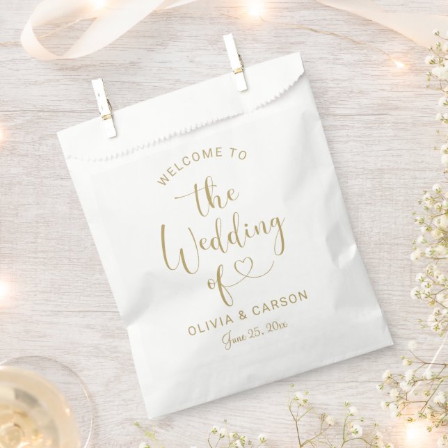 Modern Gold Heart Script Welcome Wedding Favor Bag (Clipped)