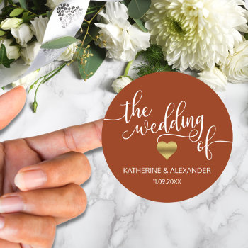 Modern Gold Heart Terracotta The Wedding Of Classic Round Sticker by UniqueWeddingShop at Zazzle